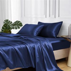 MR&HM Satin Bed Sheets, Twin XL Size Sheets Set, 3 Pcs Silky Bedding Set with 15 Inches Deep Pocket for Mattress (Twin XL, Navy Blue)