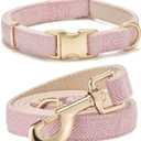 Soft Hemp Dog Collar and Leash Set Adjustable Woven Tweed Dog Collars with Metal Buckle and Lead for Small Medium Large Dogs,Pink