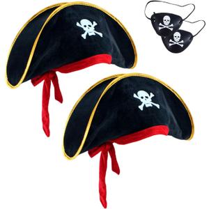 D-Fokes 2 Pieces Pirate Hat Skull Print Pirate Captain Costume Cap - Pirate Accessories Funny Party Hat Caribbean Fancy Dress (Black)