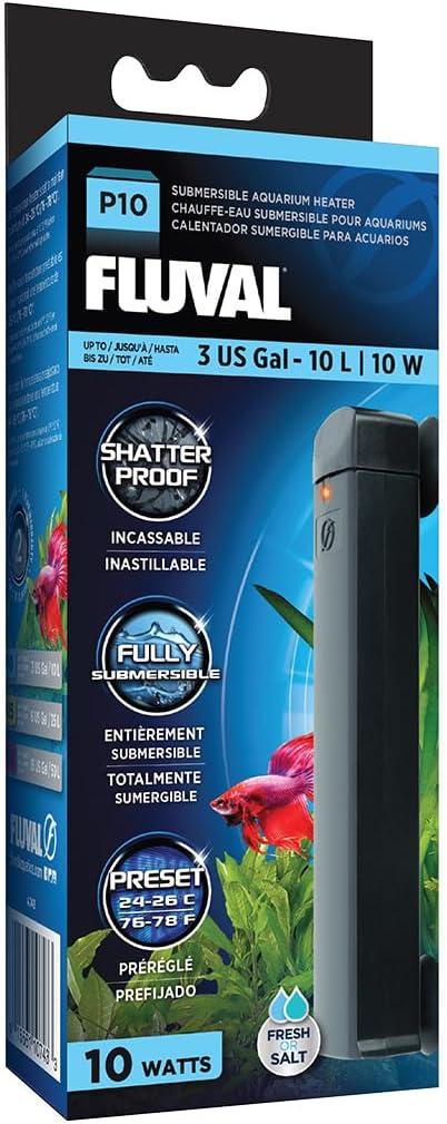 Fluval P10 Submersible Aquarium Heater 10W, Preset 76-78F for Freshwater & Saltwater Tanks up to 3 Gal, Shatterproof, Fully Submersible, LED Indicator, Durable & Safe Nano Tank Heater