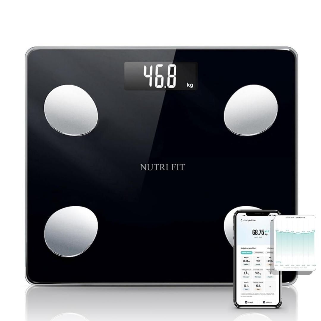 NUTRI FIT Scale for Body Weight Digital Bathroom Smart Scale with Bluetooth for BMI, Body Fat, Muscle Mass, 20 Body Composition Analyzer Health Monitor Sync Apps 330lbs, Batteries Included (Inky Black)