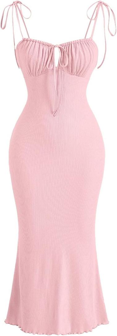 Verdusa Women's Ruched Knot Front Tie Shoulder Sleeveless Fishtail Bodycon Cami Dress (Light Pink)
