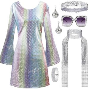 70s Disco Outfit Women, 70s Theme Disco Dress Costume Shiny Go Go Dress for Halloween Birthday Dance Party (Medium, Multicolor)