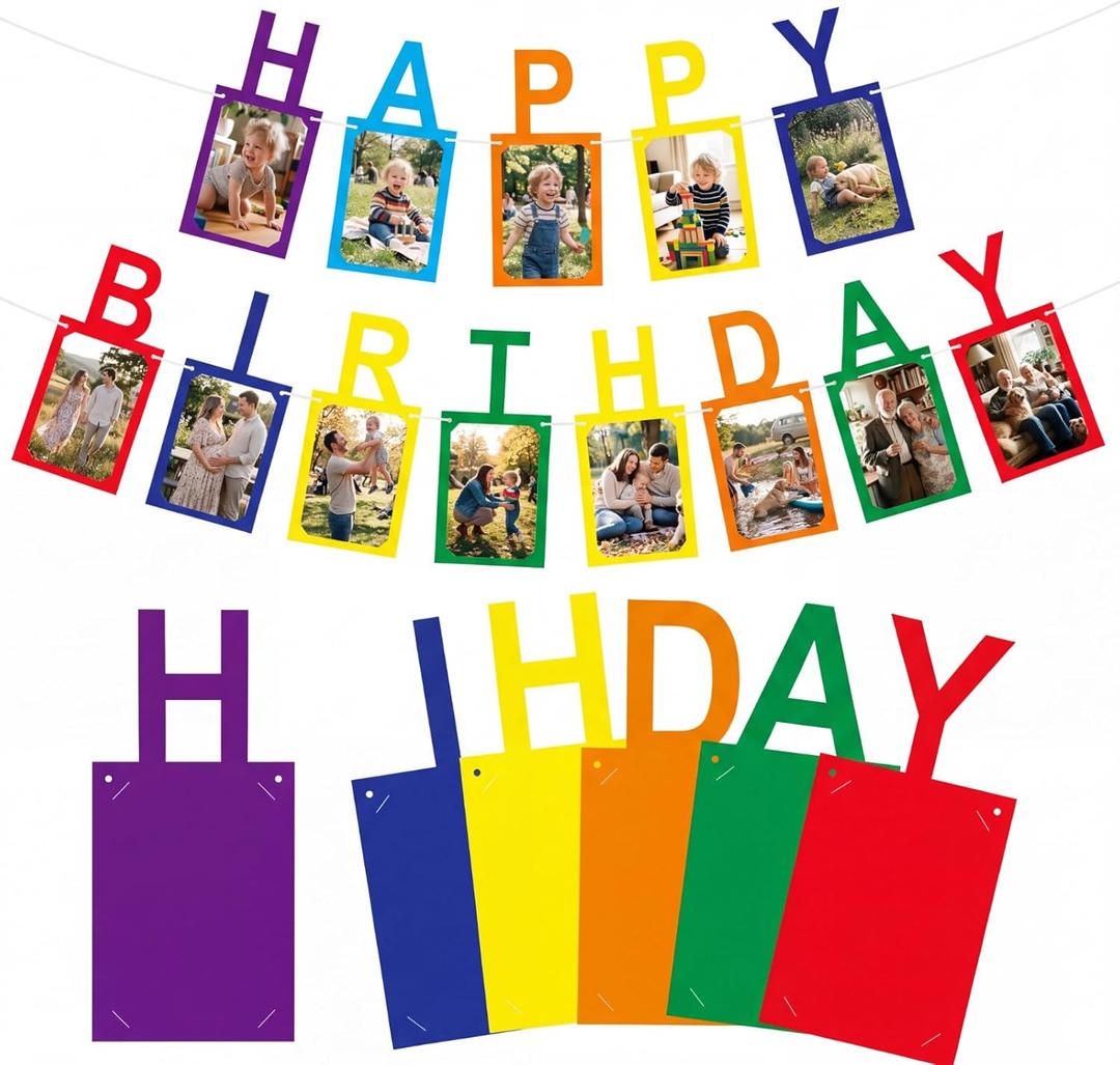 Buryeah Happy Birthday Banner with Photo Inserts Rainbow Birthday Sign for Party Decorations Personalized 13 Letters with 6x4 Photo Slots Neon Banner with Frame for Women Men All Ages Celebrations