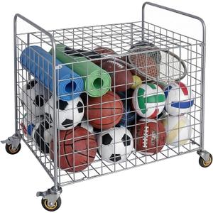 MyGift Professional Gym Metal Multi Sports Ball Storage Cart with Jumbo Industrial Wheels, Commercial Grade Portable Equipment Locker Cage for Basketball, Football, Soccer, Volleyball, Large