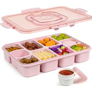 Caperci Snackle Box Container - Large 10-Compartment Divided Serving Tray with Lid and Handle, Built-in 2 Dip Containers, Dishwasher Safe, Leak-Proof, Wheat Straw, BPA-Free (Pink)