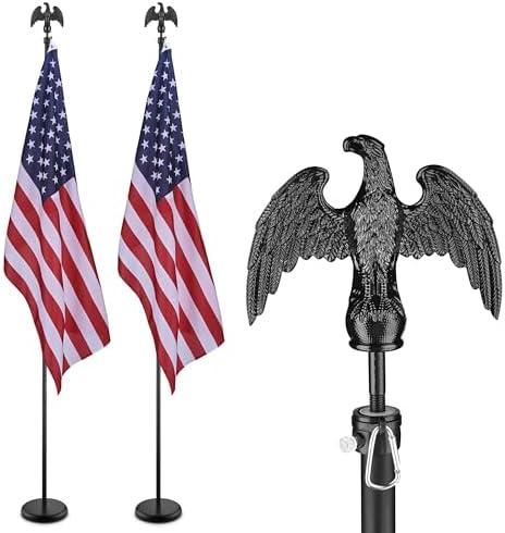 Yeshom 2 Pack 8FT Sectional Indoor Flag Pole Kit Blacked Eagle Topper Aluminum Heavy Duty Black Pole Stand with 3x5Ft US Flag & Base Stand for Office School City Hall Reception Room Commercial