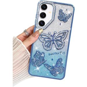 BITOBE Designed for Samsung Galaxy S24 / S25, Cute 3D Butterflies Case Slim Plating Glitter Bling Luxury Rhinestone Cover for Women Girls Protective Camera Protection Bumper 6.2" Blue