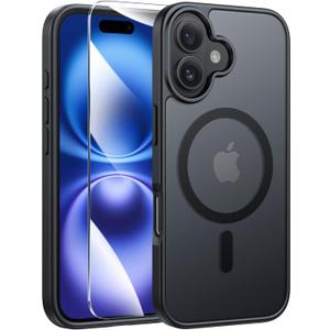 FNTCASE for iPhone 16 Phone Case: Magnetic Translucent Matte Shockproof Slim Cell Phone Cover - Military Grade Drop Proof Hard Back Anti-Fingerprint Protective Case (Black)