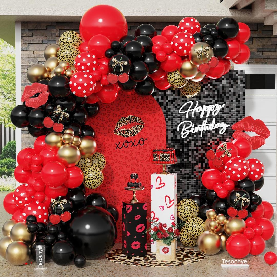 145pcs Red and Black Balloon Arch Kit with Leopard Cheetah Print Balloons for Womens Birthday Decorations, Baby Shower Bachelorette Spa Party Decorations