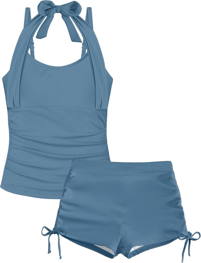 Girls Swimsuit 2 Piece Halterneck Girls Tankini Swimsuit Drawstring Printed Swim Shorts Girl Bathing Suit for 7-16T (13-14 Years, Grey Blue-2)