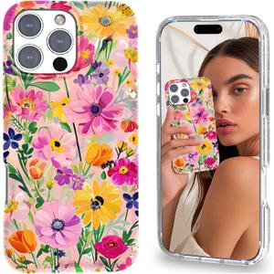 Magnetic for iPhone 16 Pro Case Cute for Women Girls, Home Button Stickers,[Drop Protection] with Slim Colorful Flowers Heart Oil Painting Girly Phone Case for iPhone 16 Pro