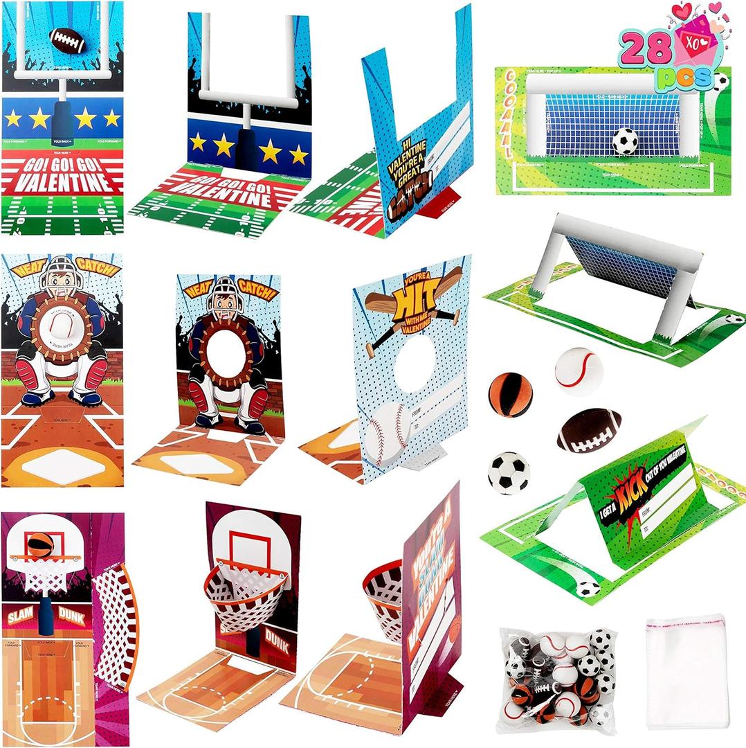 JOYIN 28 pcs Fun Valentine Sports Game Card and Erasers for Kids Party Favor, Classroom Exchange Prizes, Valentines Day Greeting Cards