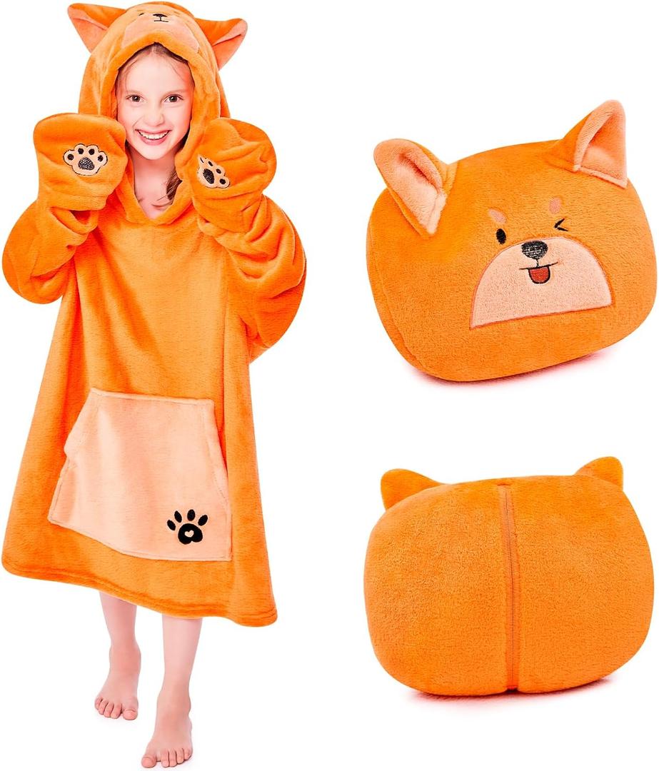 IFNOW Wearable Blanket Hoodie Kids, Oversized Fleece Blanket Sweatshirt Christmas Birthday Gifts for Boys, Girls, Teen Hoodie with Portable Foldable Blanket Pillow, Animal Embroidery 5-15 Years, Fox