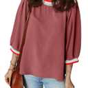 SHEWIN Blouses for Women Dressy Casual Crewneck 3/4 Length Sleeve Womens Tops Casual Office Flowy Cute Tops for Women Trendy Fall Clothes Red Small (S)