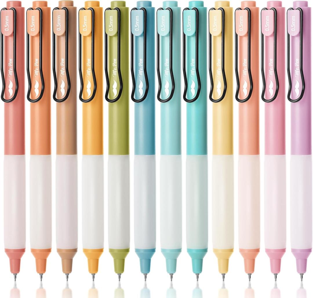 Mr. Pen- Retractable Pens, 12 Pack, Black Ink, Pastel Barrels, Fast Dry, Fine Point 0.5mm, Cute Pens for Journaling