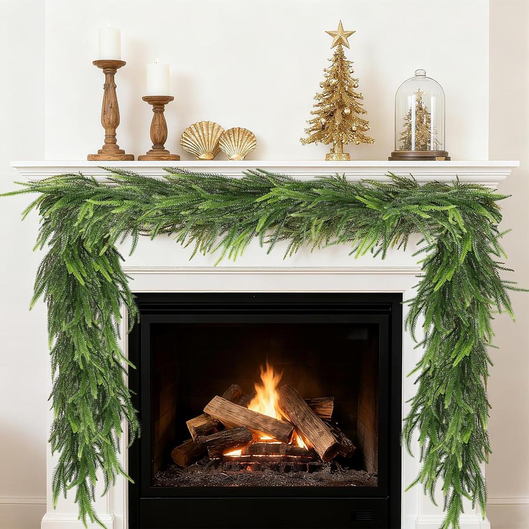 6ft Christmas Norfolk Pine Garland, 2Pcs Artificial Christmas Greenery Garland for Mantel Fireplace Table Wall Stair Window Outdoor Indoor Holiday Decorations 2pcs