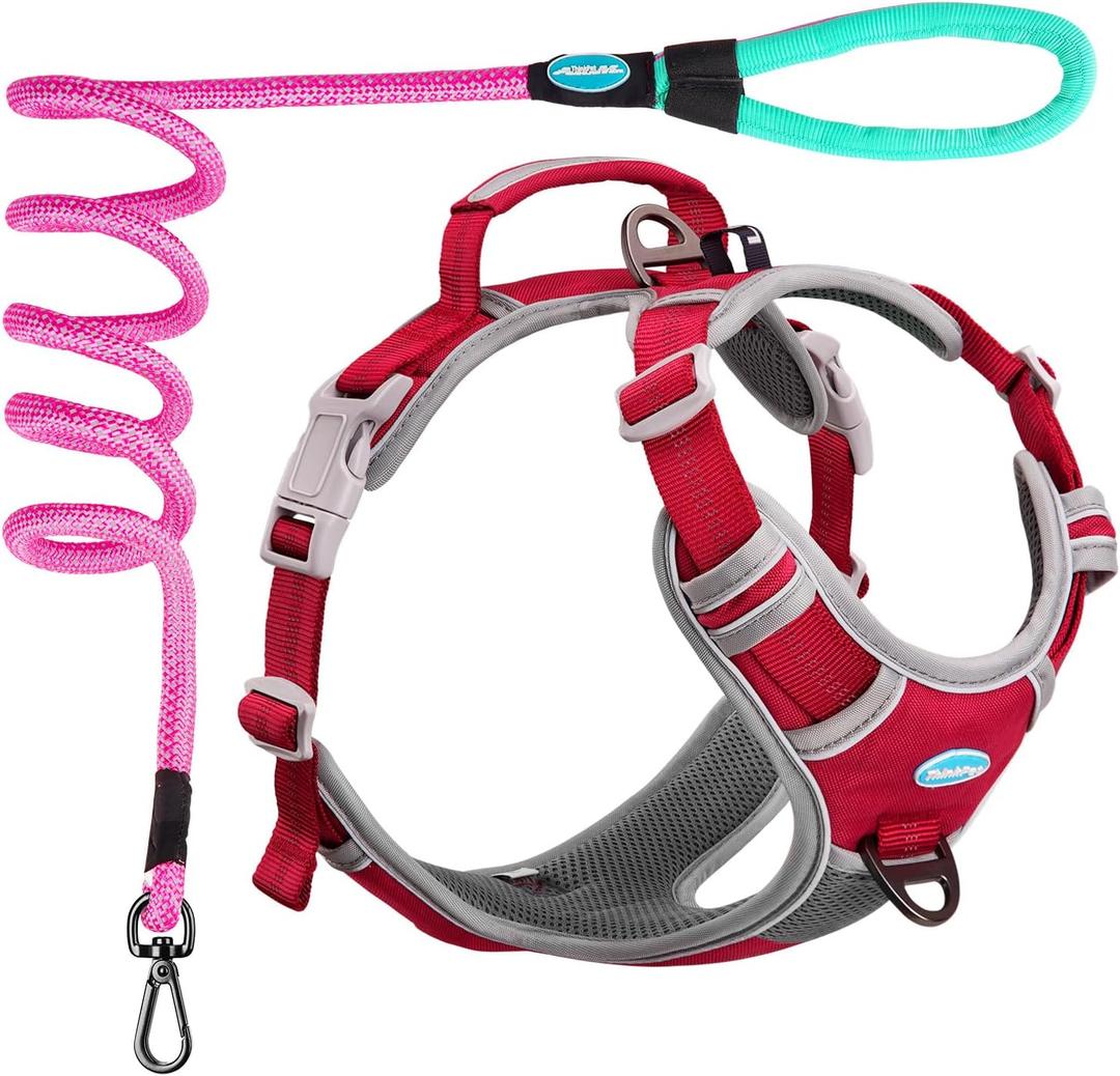 ThinkPet No Pull Harness Set Breathable Sport Harness with Handle - Reflective Padded Dog Safety Vest with Reflective Neon Dog Leash L Harness Leash Pack Red