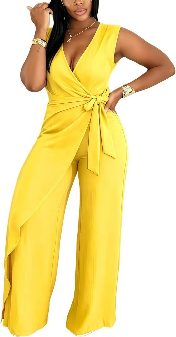 Jumpsuits for Women Casual V-Neck Sleeveless Tie Waist Wide Leg Pants Rompers One Piece Jumpsuits Sexy Club Outfits, XL