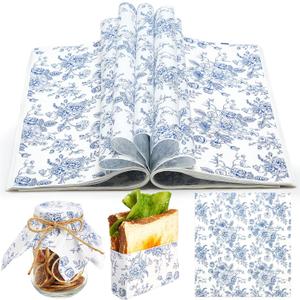 Marspark 100 Sheets Blue Floral Wax Paper for Food Wrapping 11.4 x 11 Inches Spring Floral Food Basket Parchment Paper for Picnic Wedding Candy Cookies Baking Sandwich Burgers Greaseproof Wrapping