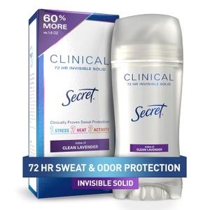 Secret Clinical Strength Antiperspirant Deodorant for Women, 3X Stress Protection, 72hr Sweat & Odor Protection, PH Balancing Minerals, Invisible Solid, Clean Lavender Scent, 2.6 oz (2.6 Ounce (Pack of 1))
