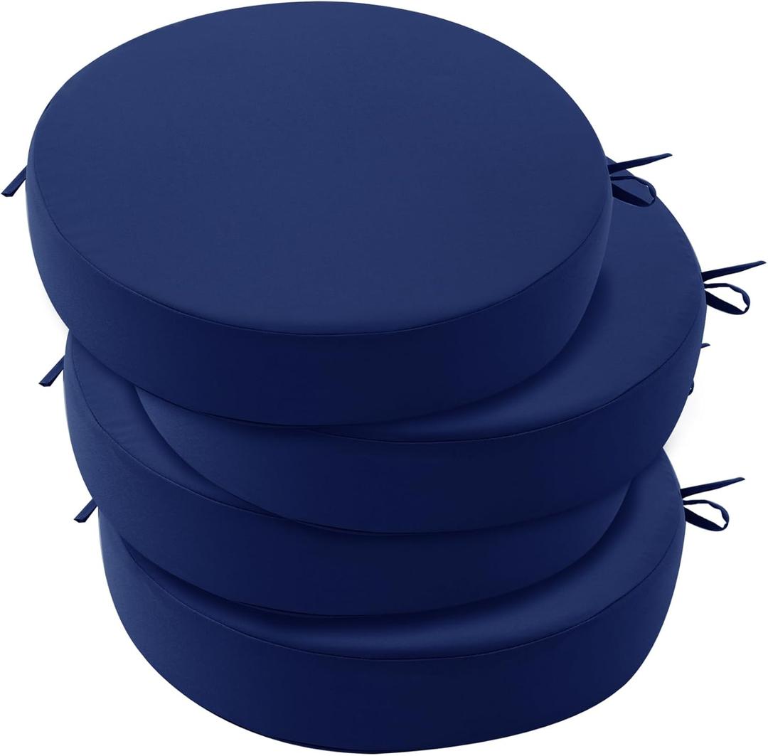 Outdoor Bistro Chair Cushions Set of 4, 15" D x 3" H Round Chair Cushions Waterproof and Fade Resistant Chair Cushion Pads with Non-Slip Ties and Removable Covers for Garden, Navy Blue