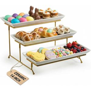 LAUCHUH Large 3 Tier Serving Stand Tiered Serving Trays with Collapsible Sturdier Rack Porcelain Serving Trays and Platters for Fruit Dessert Presentation Easter Party Display Set, 14 Inch (Gold)