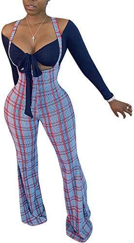 Ophestin Womens Sexy Off Shoulder Tie Crop Top Plaid Print Bell Pants Suspenders Set 2 Piece Outfits Jumpsuits Overalls, XL