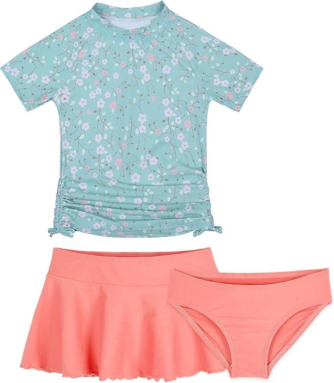 Cadocado Girls Swimsuit Rash Guard Girls' Swimwear Short Sleeve Bathing Suit 3 Pieces Kids Floral Swim Set with Skirt 10Y
