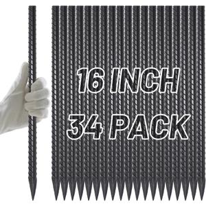 AAGUT Rebar Stakes 16 inch (34pcs) Heavy Duty 3/8 Ground Anchors Steel Garden Stakes Metal Straight Camping Tent Spikes with Chisel Point End for Hard Soil, Black Powder Coated