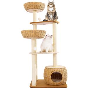 Modern Cat Tree Tower,Rattan Cat Tree Condo,Sisal-Covered Scratching Posts for Indoor Cats, Multi-Level Cat Condo with Space Capsule Nest, Tall Cat Tree for Multiple Large Cats (26124)