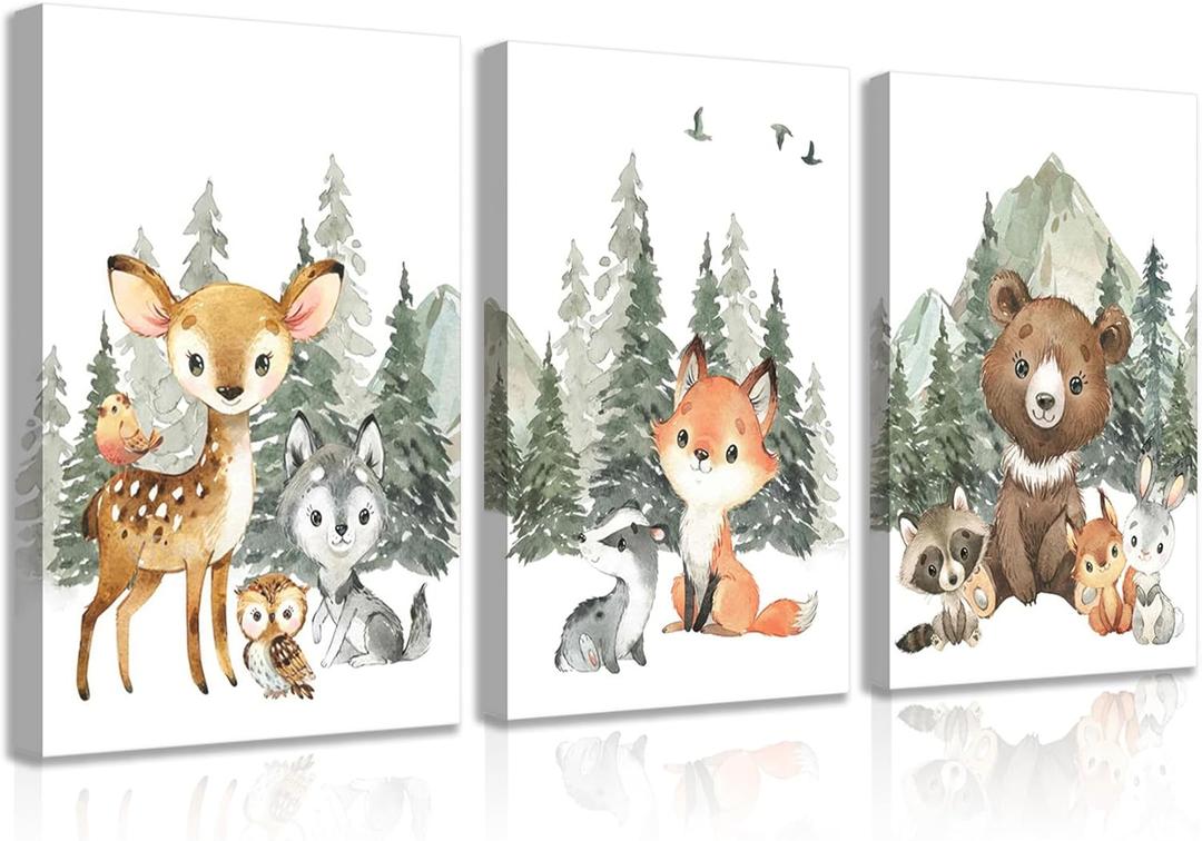 3Pcs Woodland Animal Nursery Canvas Wall Art Forest Adventure Theme Animals Picture Posters Wall Decor Cute Watercolor Deer Bear Fox Painting Print Artwork for Kids Baby Bedroom Decor, 16x24in
