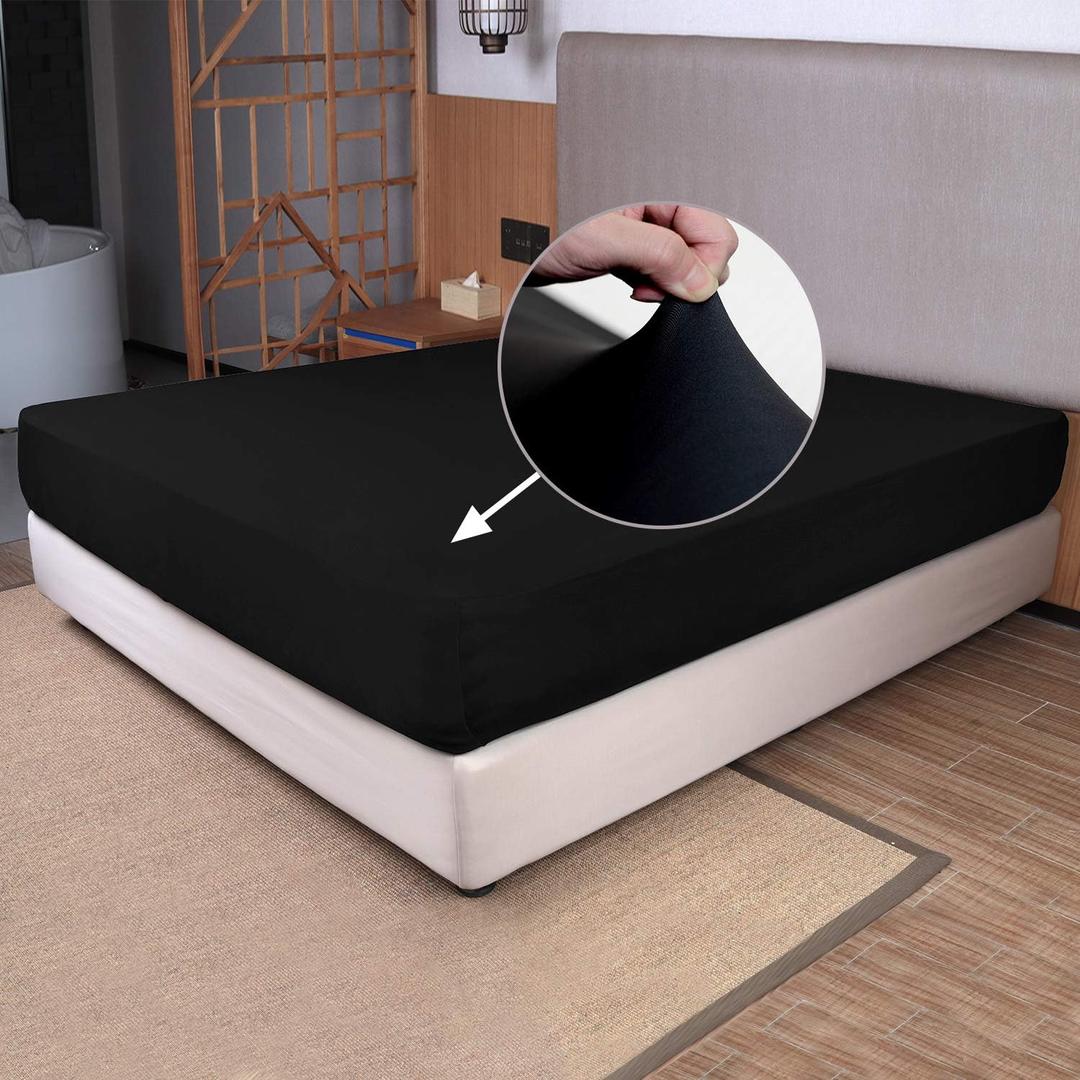 Full Size Fitted Sheet Only - 4-Way Stretch Knit, Snug Fit, Wrinkle Free & Stay in Place, No More Slipping Off for Mattress, Soft & Comfortable - Black, Full (Full/Full XL/RV Full, Black)