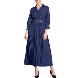 Allegra K Dressy Casual Pleated Dress for Women's 3/4 Sleeves Collared V Neck Empire Waist Belted Maxi Dress Medium Dark Blue, Size: M