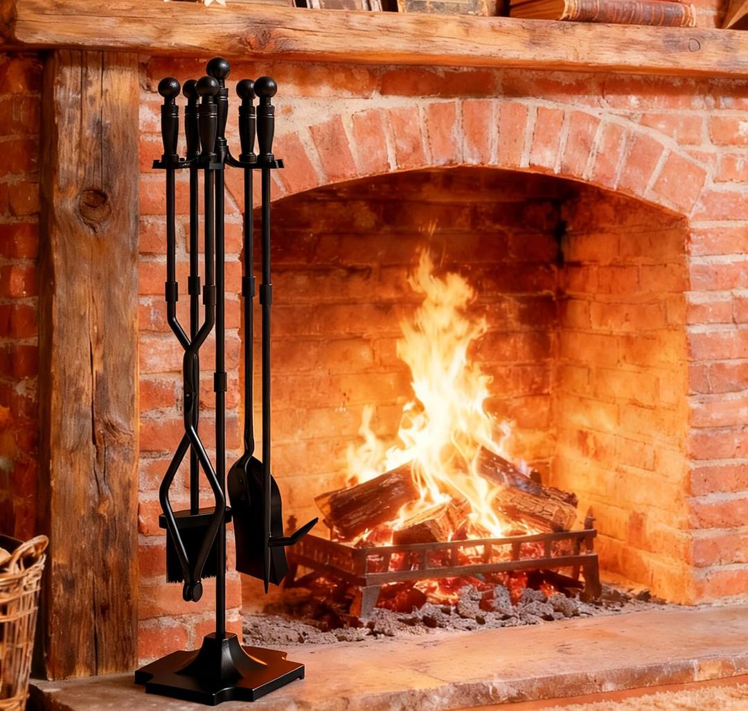 Fire Beauty Fireplace Tools, 5 Pieces Fireside Accessories Fire Kit Set,Woodstove Tools Holder Wrought Iron Handle Indoor Fireset Stand (32 Inches)