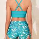 Herseas Women's Floral Print Drawstring Boyshorts Swimsuits Criss Cross Top Bikini Sets High Waisted Two Pieces Bathing Suits (Green, L)