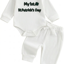 Douhoow Baby Boy St Patricks Day Outfit Infant Boy Girl My 1st St Patricks Embroidered Baby Sweatshirt Romper Pants Set (White, 9-12 Months)