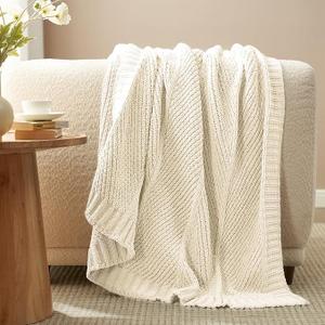 Knit Throw Blanket, Soft Chenille Cozy Breathable Chevron Chunky Decorative Blanket for Couch, Bed & Sofa, French-Inspired Lightweight Warm Gift for Women, Ivory, 50"x60"