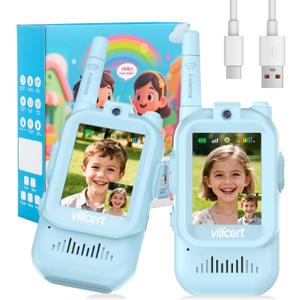 Video Walkie Talkies with Real-Time Screen & Voice Changer, Rechargeable Long Range Radios for 3-12 Year Old Boys Girls, Christmas Birthday Gifts for Kids Indoor Outdoor Camping (Blue+Blue)