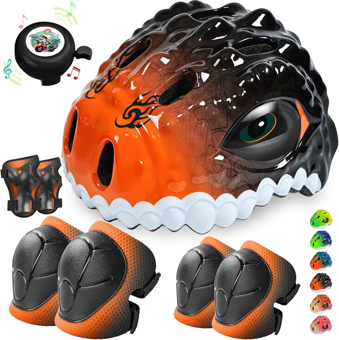 Toddler/Kids Bike Helmet Set for Boys Girls 3D Adjustable Kids Helmet Protective Gear Set Knee Elbow Wrist Pads and Multi-Sports Skateboard Scooter Cycling Roller Balance Bike (Small: 18.9"-21.2"/48-54cm, Orange Black-Set)