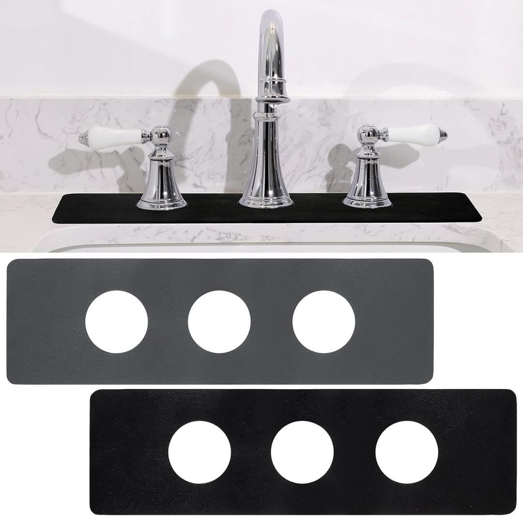 Tioncy 2 Pcs 3 Hole Faucet Mat for Kitchen Sink Kitchen Faucet Absorbent Mat Splash Catcher Sink Drip Catcher for Bathroom Counter(Round Hole,Black)