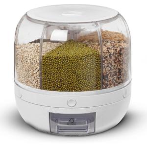 Grain and Rice Dispenser, 8 Quarts Rotating 360 Kitchen Dry Food Storage Container with 6 Compartments, Easy Disassembly for Cleaning, Compact Design