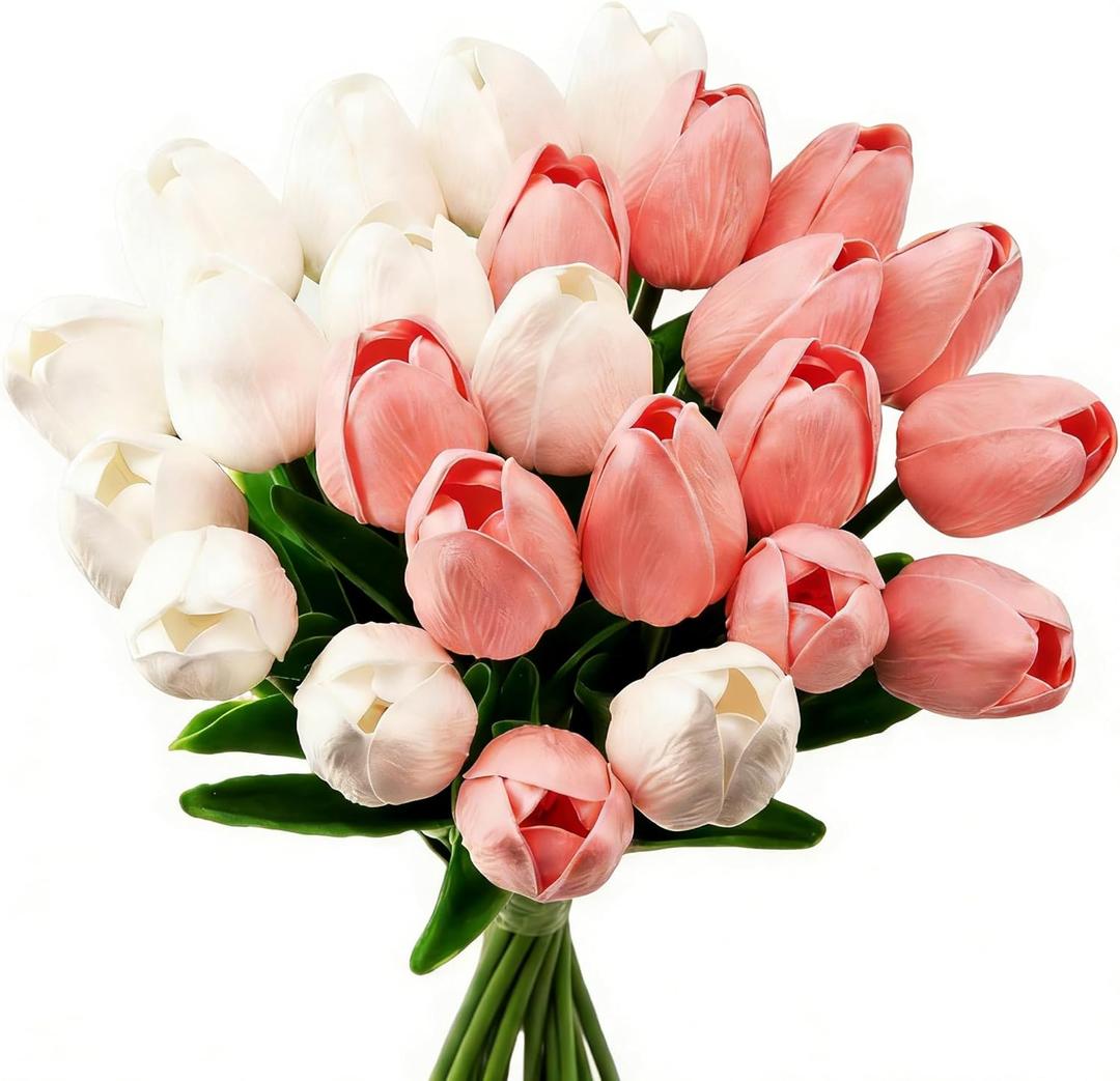 28 Pcs Artificial Tulips, 13.5 Inches PU Faux Tulip Flowers for Spring Easter Celebration Mothers Day Brunch Table DecorWhite+Pink