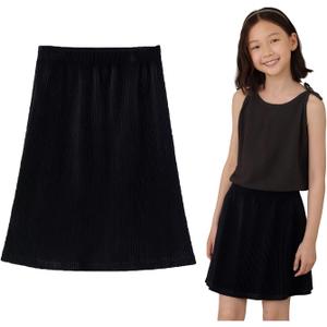 Girls Knee Length Pleated A-Line Skirt with Pull On Elastic Waist for Kids Rainbow Black Midi Skirt 3-12 Y