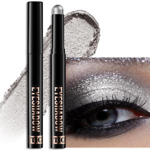 Cream Eyeshadow, Silver Shimmer Glitter Eye Shadow Stick Waterproof Long Lasting Neutral Smoky Eyeshadow Pencil Highlighter Makeup High Pigmented Blendable Eyeliner Pen for Women