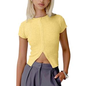 Cioatin Women Button Down Open Front Short Sleeve Crop Tee Tops Y2K Crew Neck Slim Fit Ribbed Cardigan Tshirt Workout (Yellow, S)