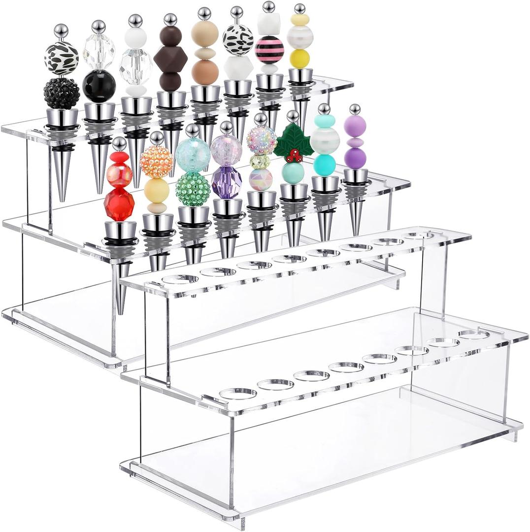 Menkxi 2 Pcs Bottle Stopper Display Stairs 16 Slot Clear Acrylic 2 Tier Riser Stopper Holder Stopper Display Stand Rack for Countertop, 9.45''L x 4.72''H x 3.94''W