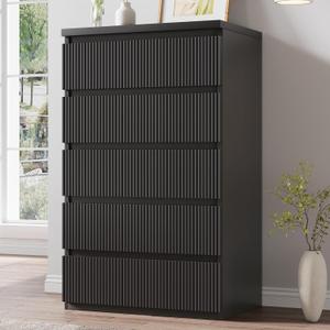 Jocoevol Fluted 5 Drawer Dresser, 43" Tall Dresser Chest of Drawers Curved Profile Design, Wood Mid Century Vertical Dresser Natural Texture for Bedroom, Black Dresser, 15.4"D x 23.6"W x 43.1"H