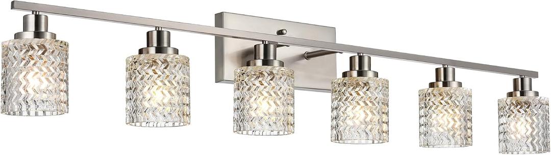 MELUCEE 6 Lights Bathroom Lighting Fixtures Over Mirror Brushed Nickel with Hammered Glass Shade, Vanity Light Indoor Wall Mounted Lamp for Bathroom Bedroom Kitchen