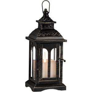 DECORKEY Candle Lantern Decorative Indoor & Outdoor, Christmas Vintage Metal Hanging Lanterns Decor for Front Porch Home Patio Wedding Party, Halloween Decorations (Black with Copper Brush)